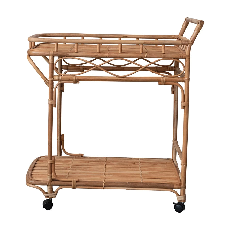 Hand-Woven Rattan 2-Tier Bar Cart on Casters