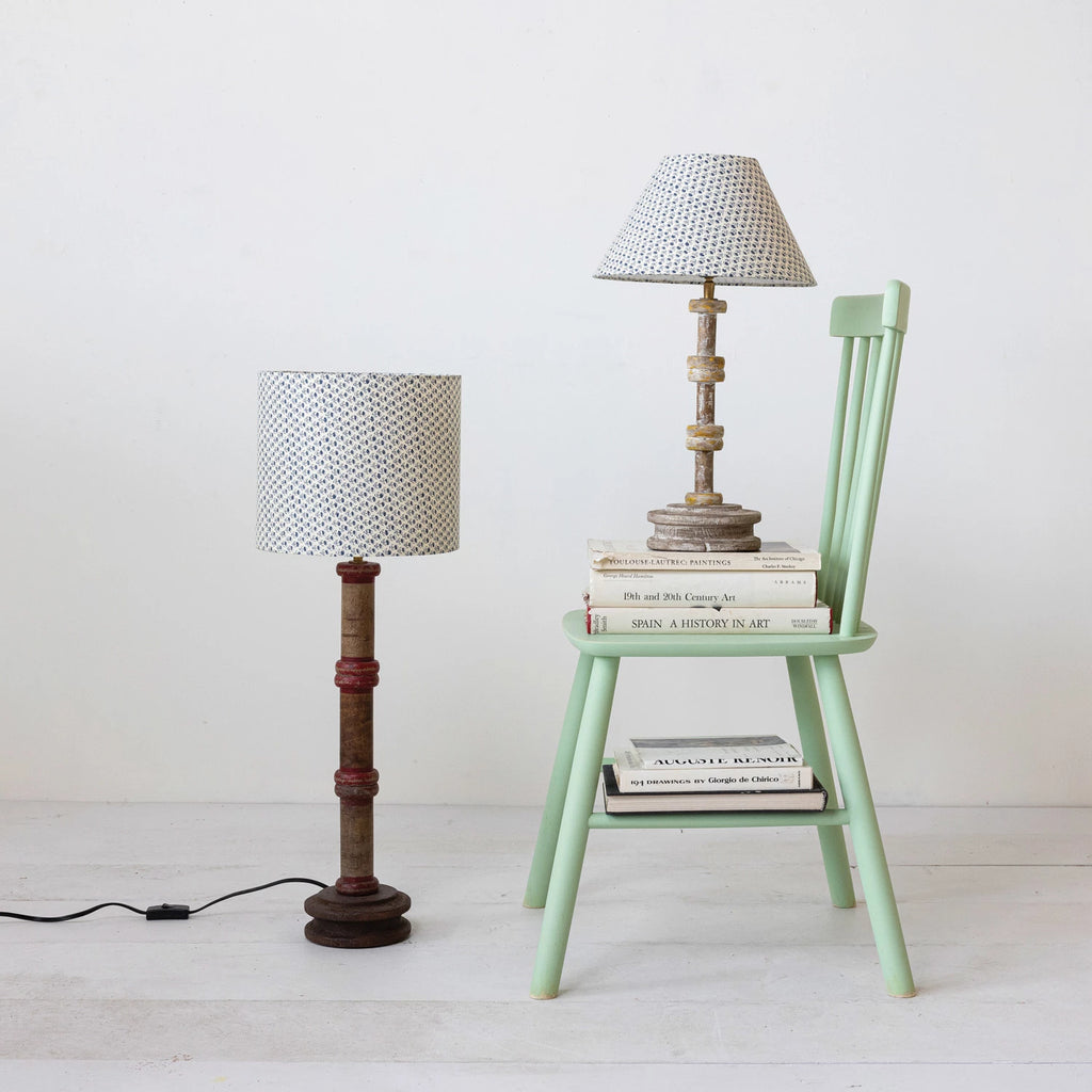 Found Wood Spool Table Lamp w/ Cotton Shade & Swivel Neck (Each One Will Vary)