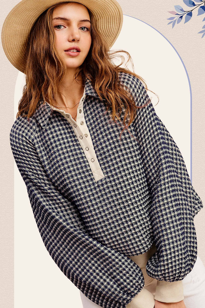 Unique Two Tone Textured Snap Button Front Top