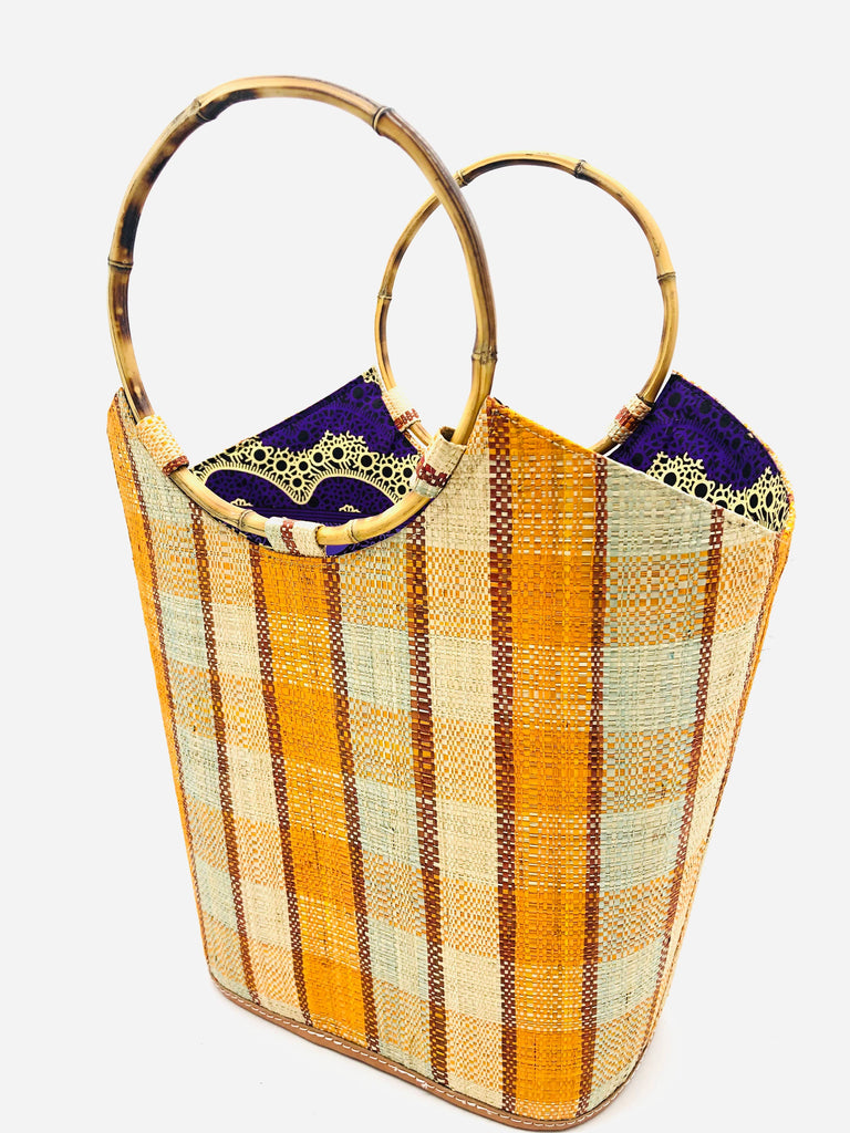 Carmen Gingham Straw Bucket Bag with Bamboo Handles