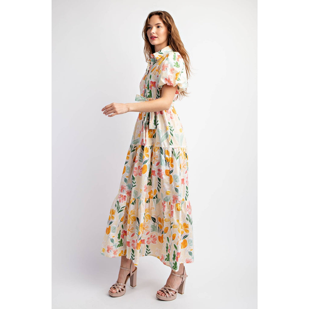 COTTON FLORAL PRINT SHIRT TIERED MAXI DRESS WITH PUFF SLEEVE