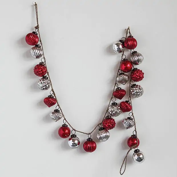 Embossed Mercury Glass Ornament Garland, Red & Sliver