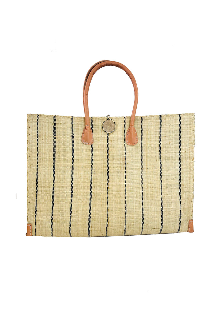Zafran Pinstripes Large Straw Beach Bag with Plastic Liner