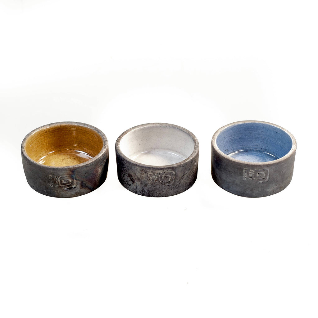 Handmade Raku-fired salt bowls in 3 different glazes