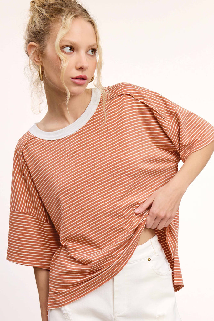 Red Striped Drop Shoulder Short Sleeves Top