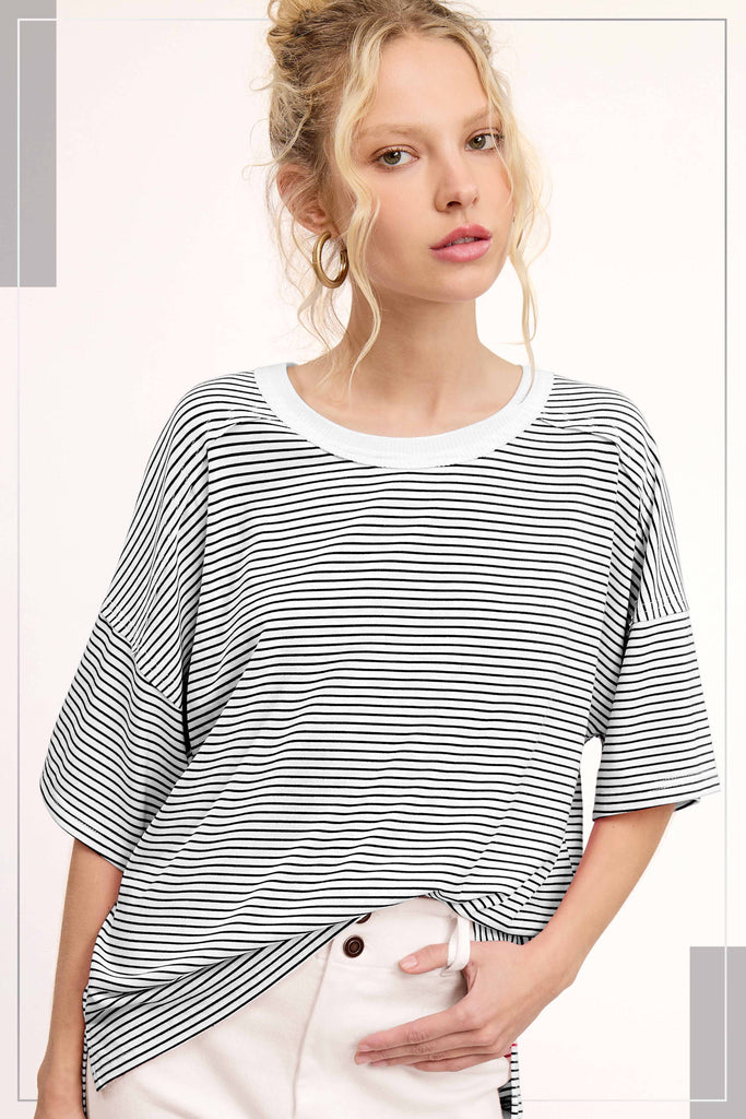Red Striped Drop Shoulder Short Sleeves Top