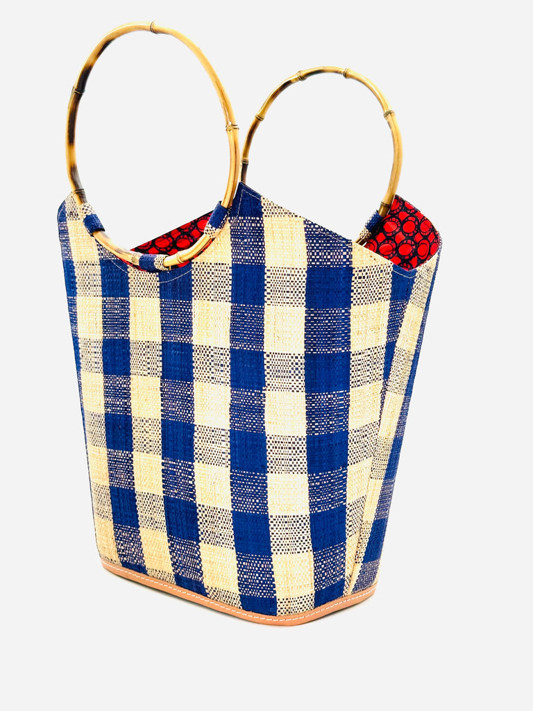 Carmen Gingham Straw Bucket Bag with Bamboo Handles