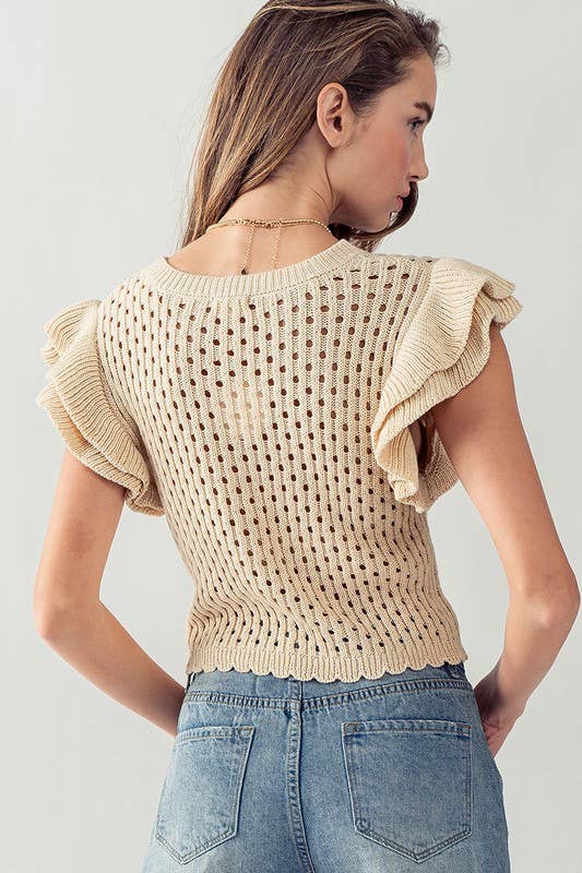 OPEN KNIT CROCHET SWEATER TOP: TAN / S-M-L:2-2-2