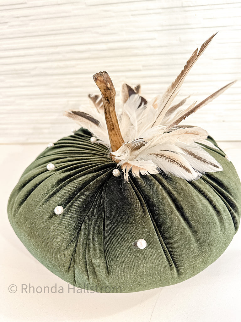 Custom Velvet Pumpkin Adorned with pearls feathers