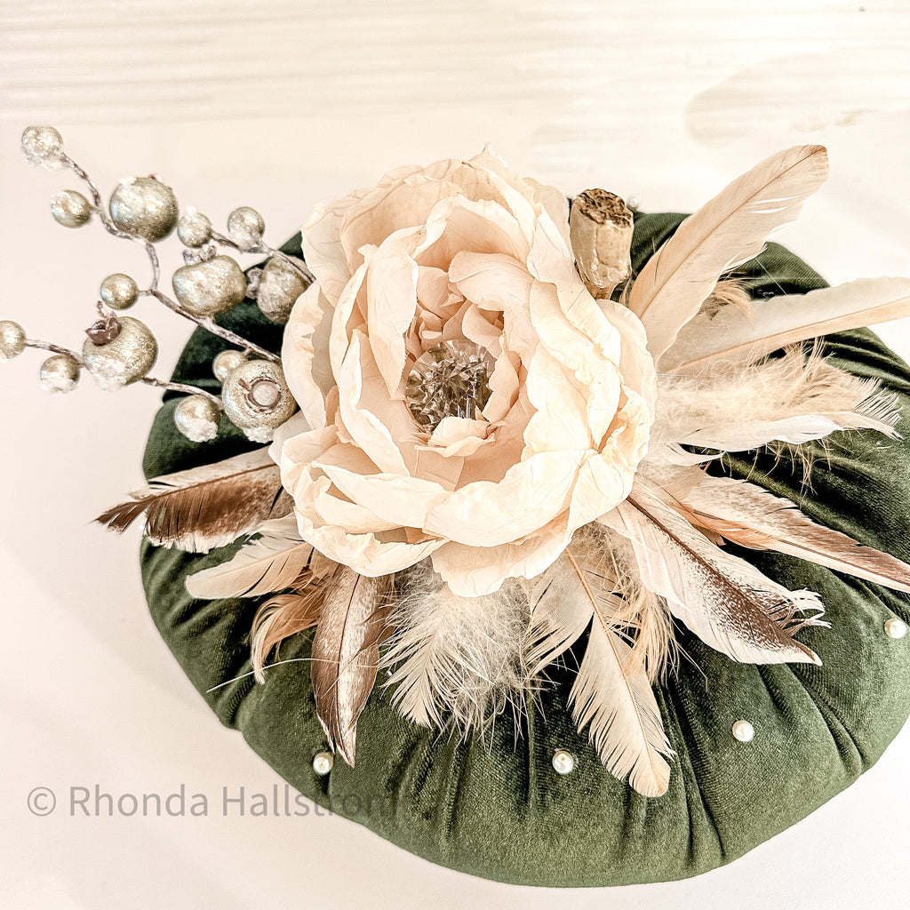 Floral Velvet Pumpkin Adorned with pearls feathers