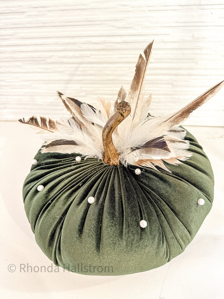 Custom Velvet Pumpkin Adorned with pearls feathers