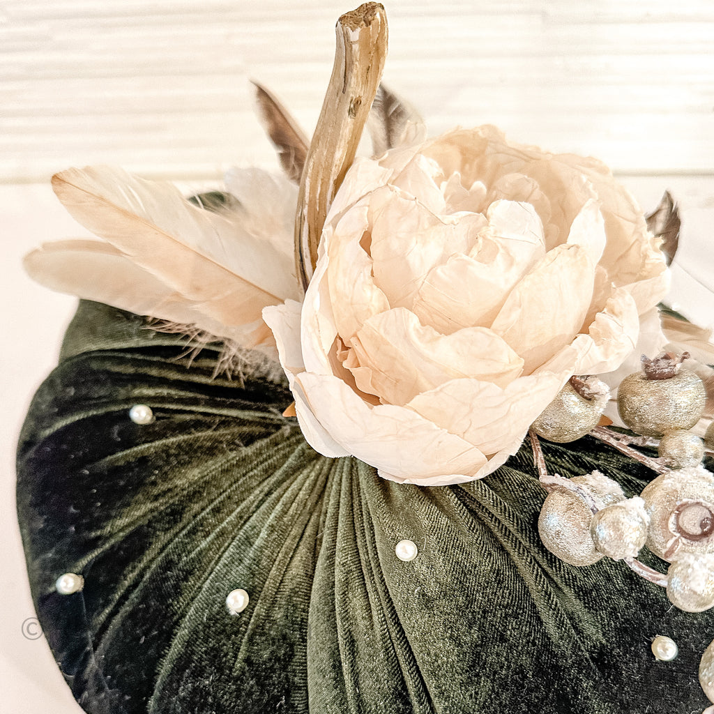 Floral Velvet Pumpkin Adorned with pearls feathers