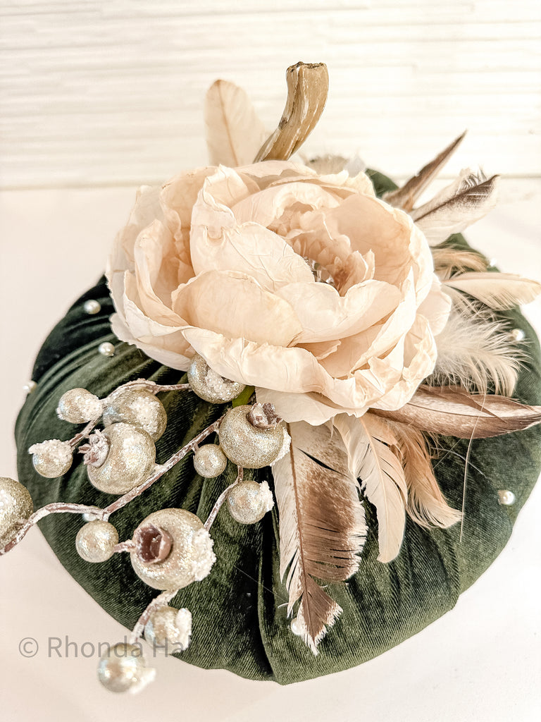 Floral Velvet Pumpkin Adorned with pearls feathers