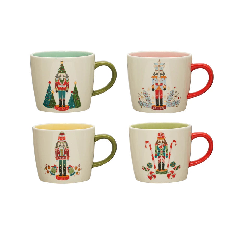 3-3/4" Round x 3-1/4"H 12 oz. Stoneware Mug w/ Nutcracker & Colored Interior, 4 Styles