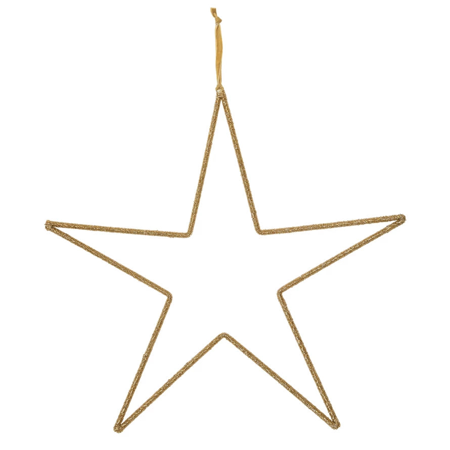 Hanging Metal & Glass Bead Star w/ Cotton Velvet Ribbon, Gold Finish