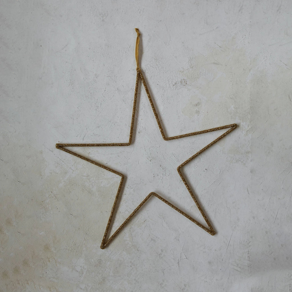 Hanging Metal & Glass Bead Star w/ Cotton Velvet Ribbon, Gold Finish