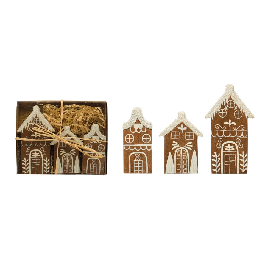 Hand-Painted Pine Wood Houses w/ Faux Snow, Brown & White, Boxed Set of 3