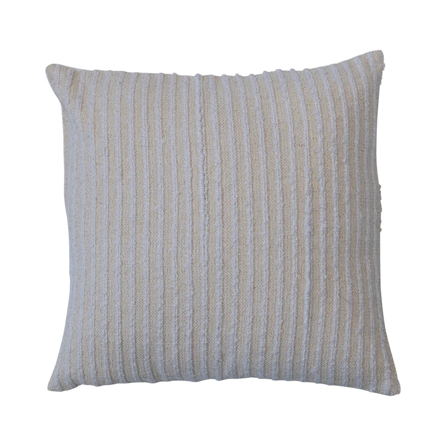 Square Cotton & Acrylic Pillow w/ Stripes & Gold Thread, Beige & White