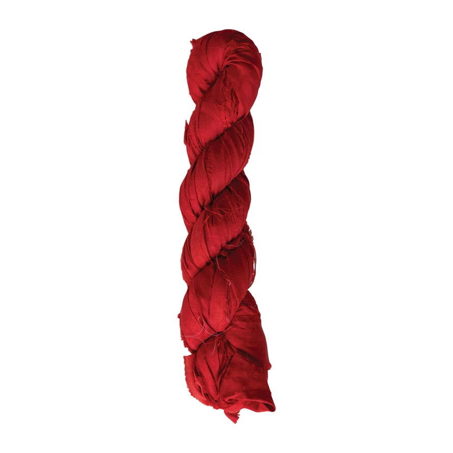 70-75 Yard Recycled Torn Silk Ribbon, Red (Each One Will Vary)