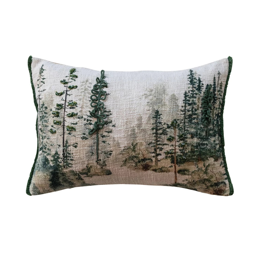 20"L x 14"H Cotton Printed Lumbar Pillow w/ Trees & Embroidery