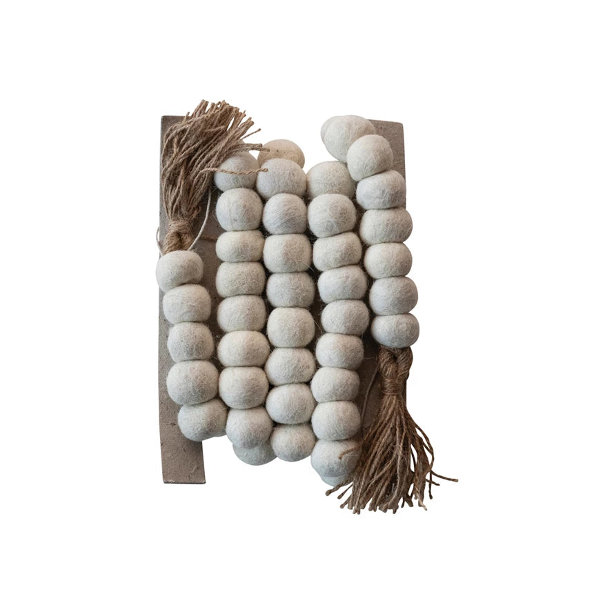 Handmade Wool Felt Ball Garland w/ Jute Tassels, Cream Color