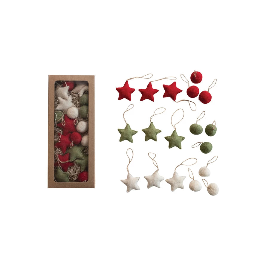 Handmade Wool Felt Ball/ Star Ornaments in Kraft Box, Set of 18