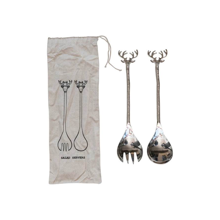 Stainless Steel & Brass Salad Servers w/ Reindeer Handles, Set of 2 in Bag