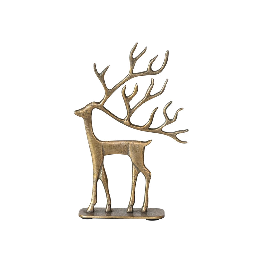 Cast Aluminum Reindeer on Base, Antique Gold Finish