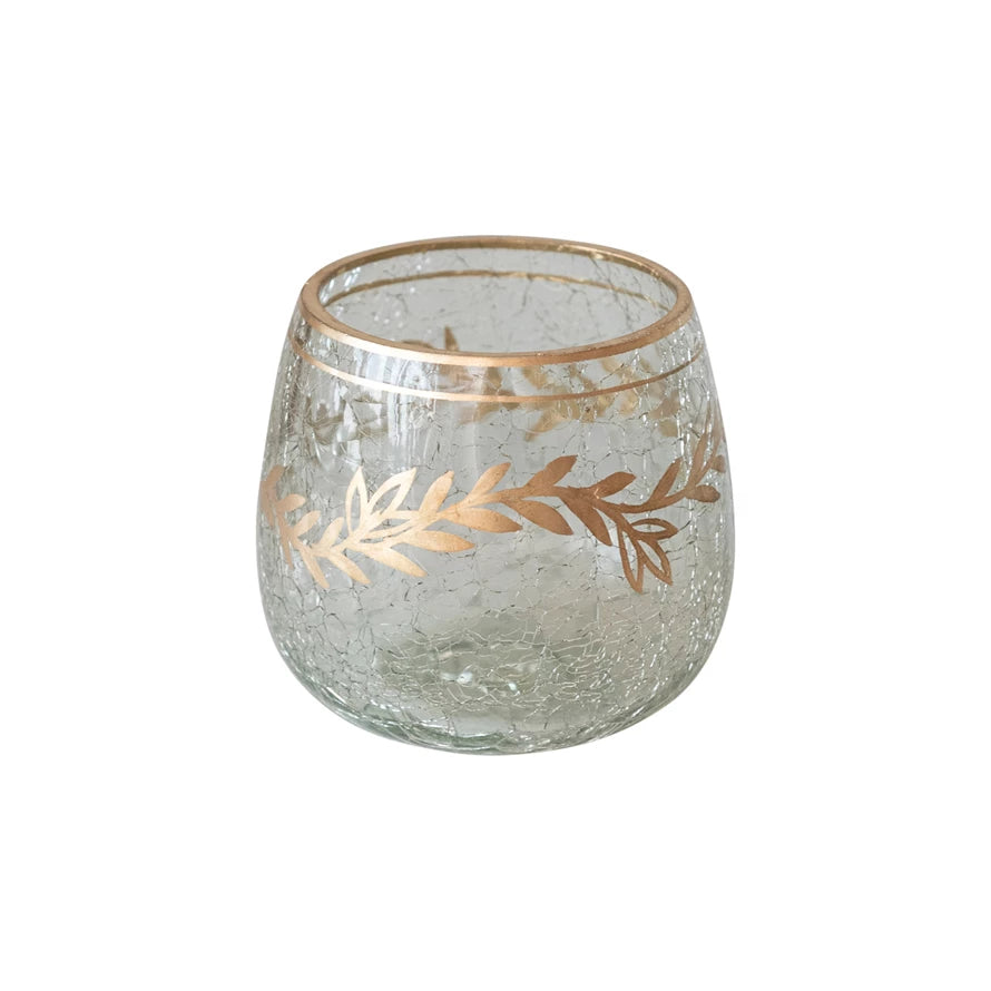 Recycled Glass Tealight/Votive Holder w/ Gold Finish Design (Each One Will Vary)