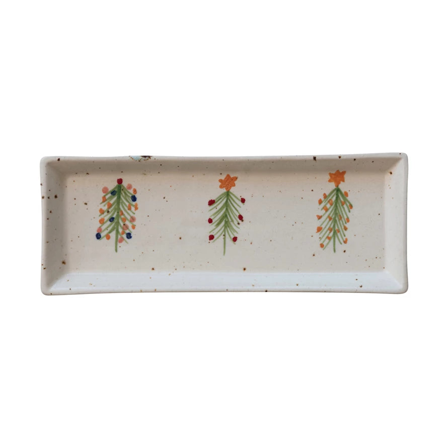 Hand-Painted Stoneware Platter w/ Christmas Trees, Multi Color Speckled