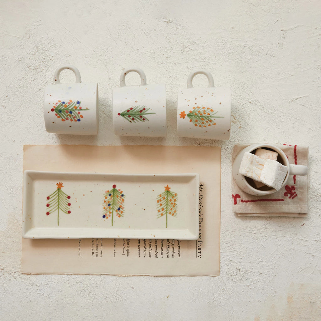 Hand-Painted Stoneware Platter w/ Christmas Trees, Multi Color Speckled