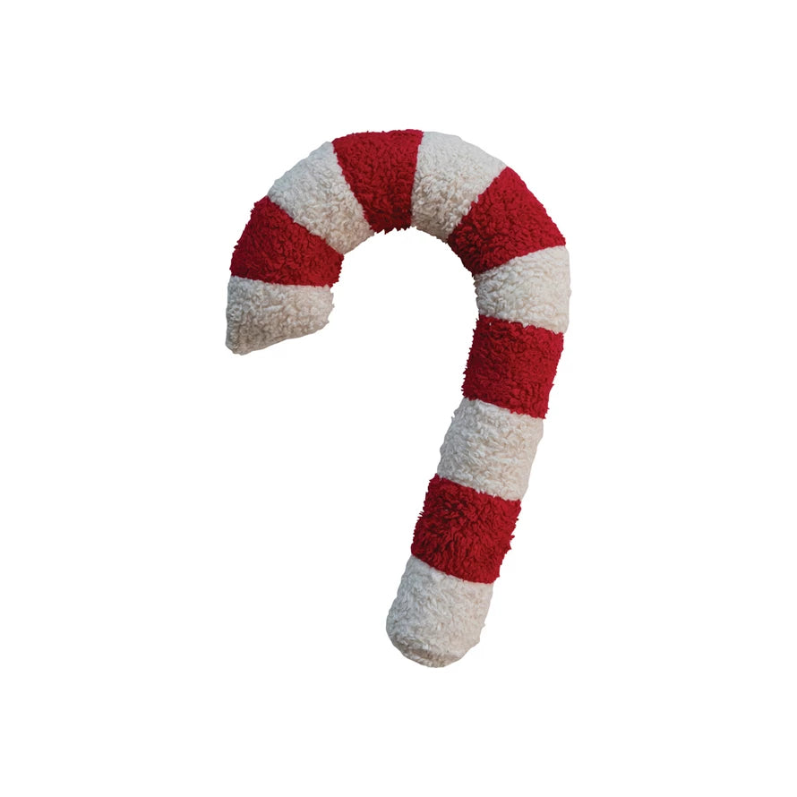 22"L x 13"W Cotton Sherpa Candy Cane Shaped Pillow, Red & White