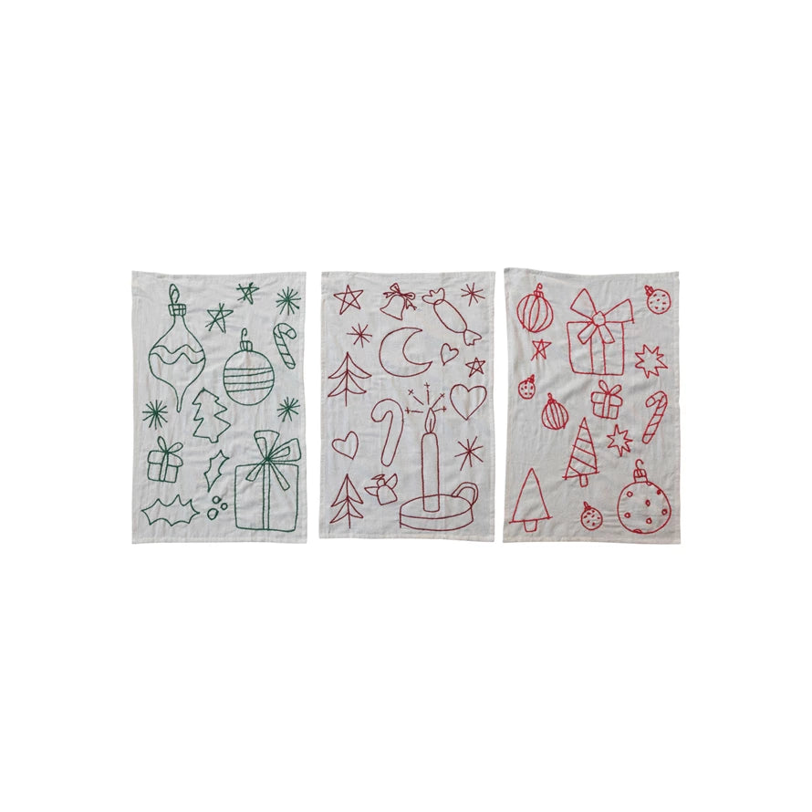 Woven Cotton & Linen Tea Towel w/ Embroidered Holiday Icons, 3 Colors, 3 Styles