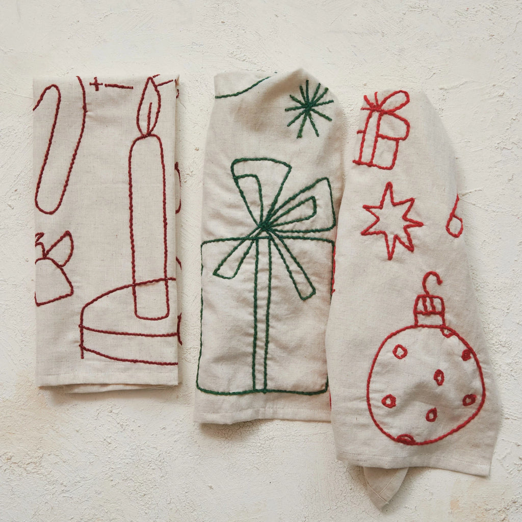 Woven Cotton & Linen Tea Towel w/ Embroidered Holiday Icons, 3 Colors, 3 Styles