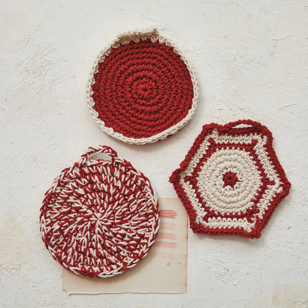 Cotton Crocheted Pot Holder, Red & White, 3 Styles