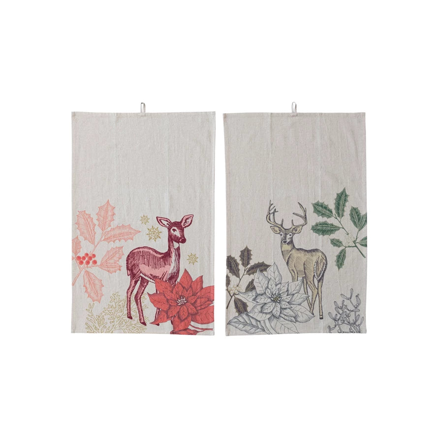 Cotton & Linen Printed Tea Towel w/ Flora/Fauna Pattern & Loop, 2 Styles