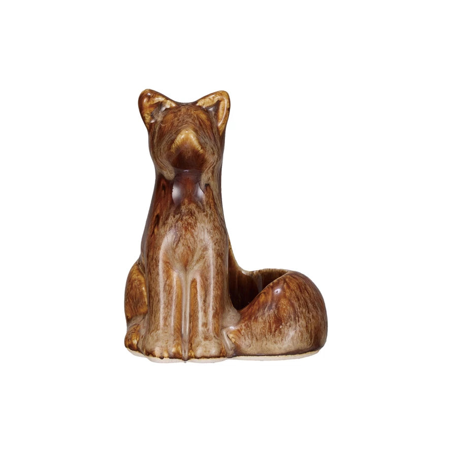 Stoneware Fox Taper Holder, Reactive Glaze, Brown (Each One Will Vary)