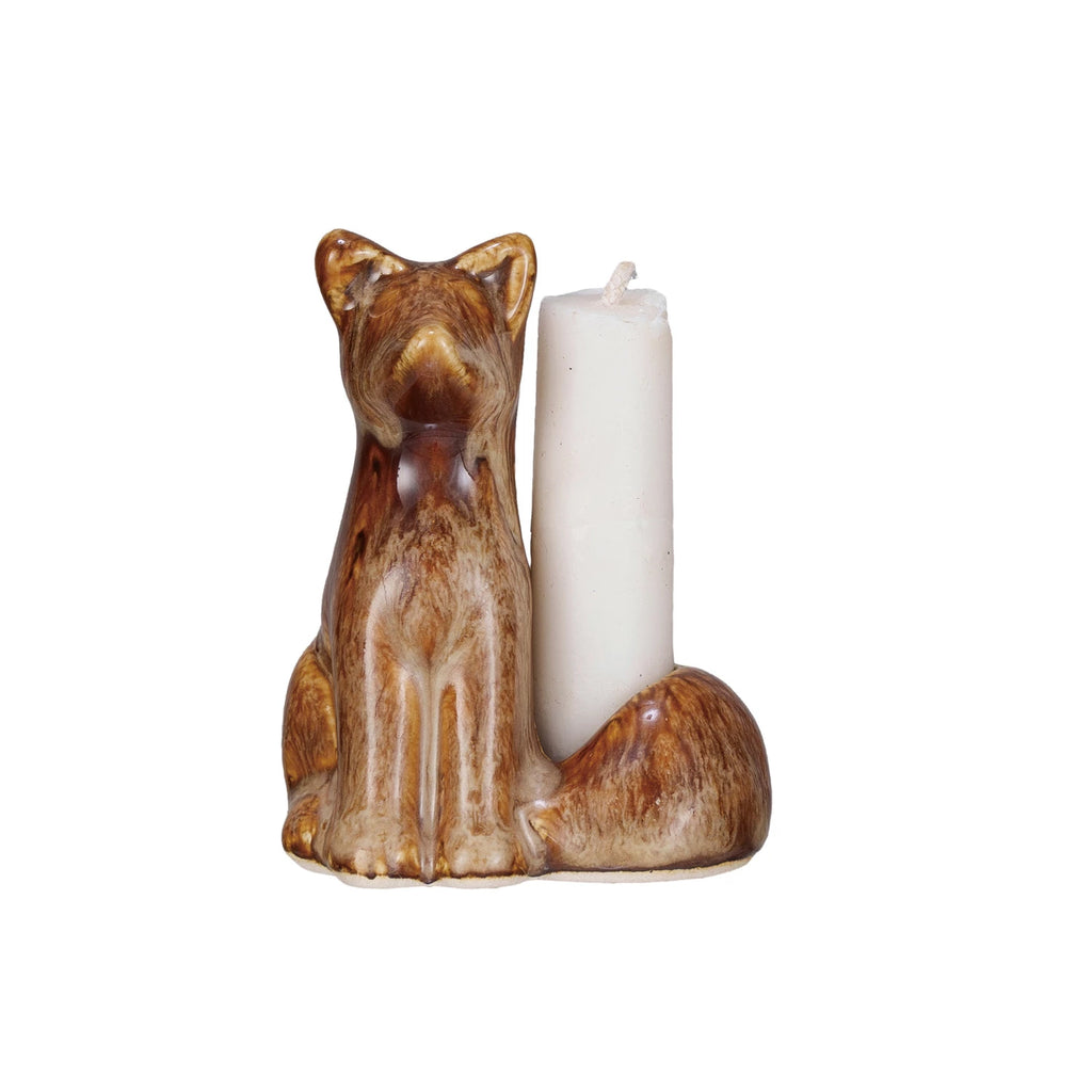 Stoneware Fox Taper Holder, Reactive Glaze, Brown (Each One Will Vary)