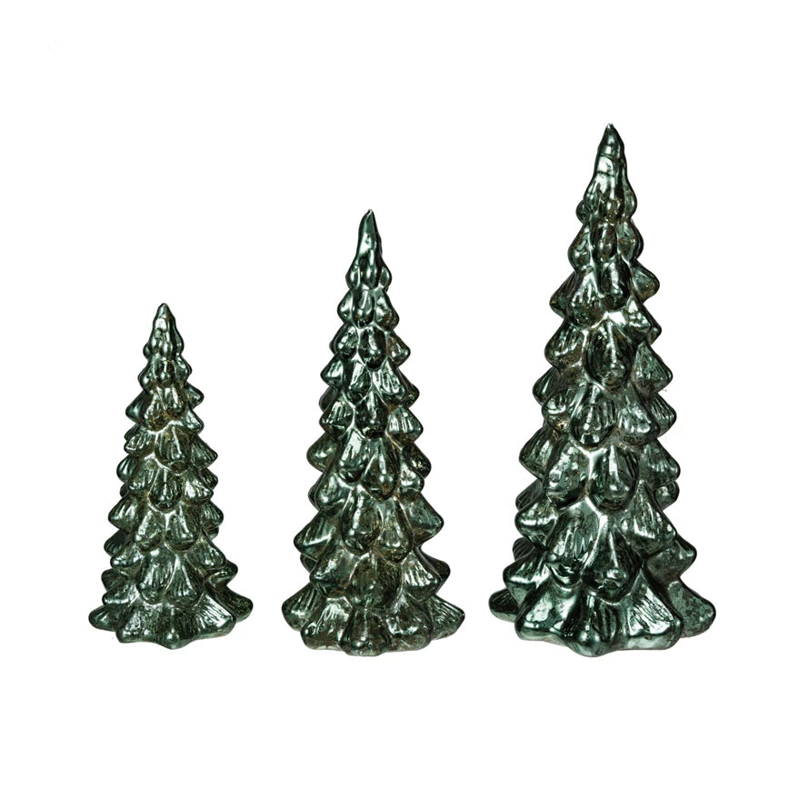 Mercury Glass LED Trees, Green, Set of 3