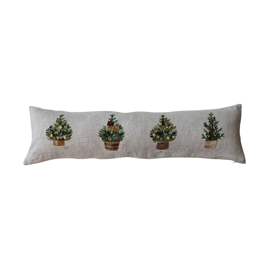 Linen Blend Printed Lumbar Pillow w/ Embroidery & French Knots