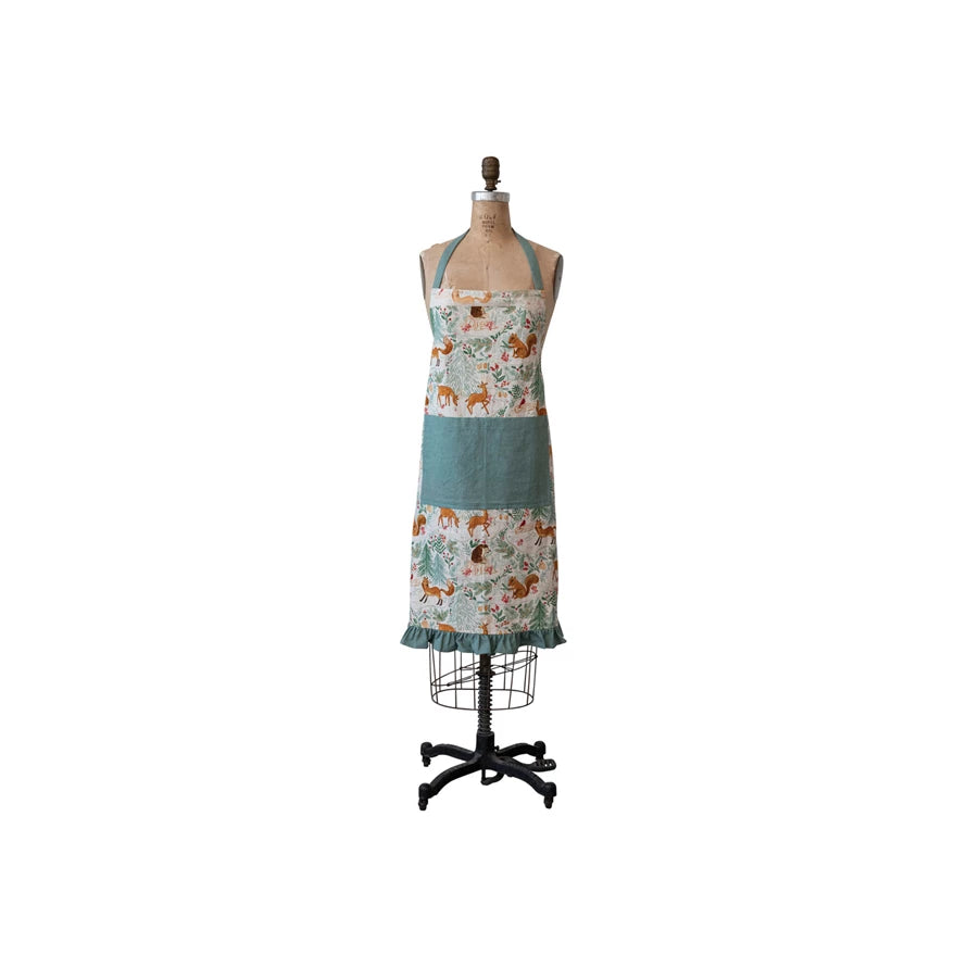 Cotton Printed Apron w/ Woodland Flora/Fauna Pattern, Pockets & Ruffle