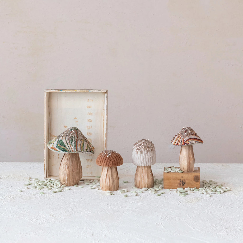 Fabric Topped Foam Mushrooms w/ Wood Base