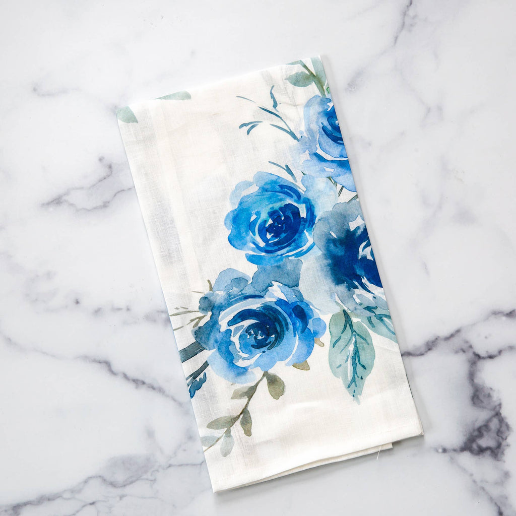 Blue Floral Watercolor Linen Towel - New