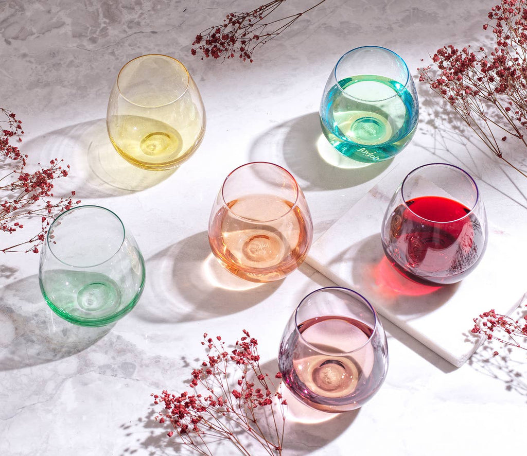 Hue Colored Stemless Wine Glasses, Colorful Party Glasses