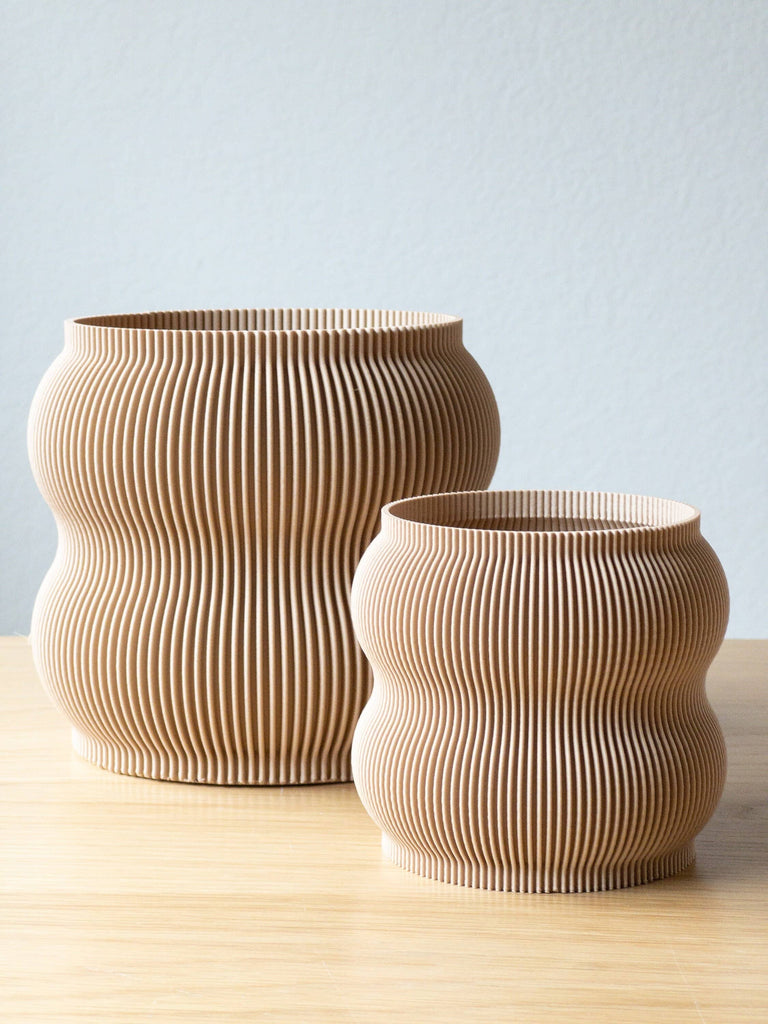 Lightweight Ribbed Planter Pot | Beige | 6" or 8" Sizes: 6 With Drip Tray