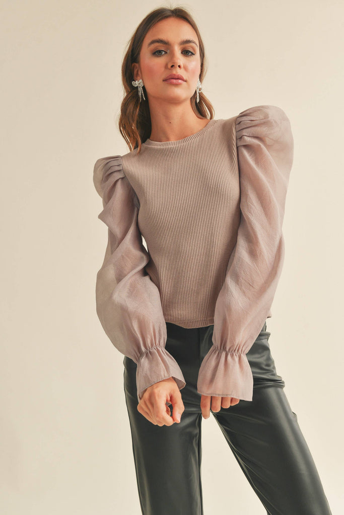 RIBBED BODY WITH SHEER PUFF SLEEVE TOP