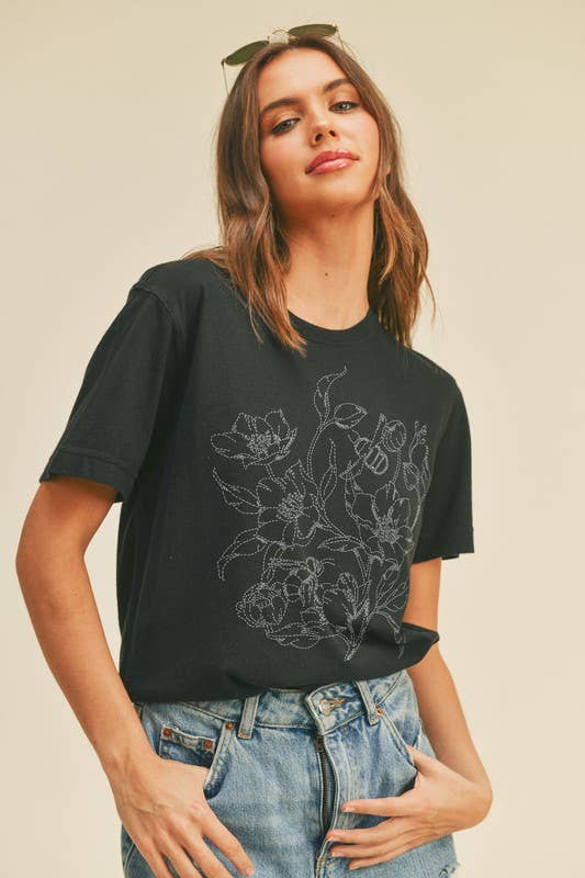 FLOWER EMBROIDERY GRAPHIC TEE: BLACK