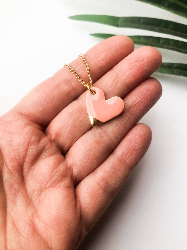 Peachy Pink Heart Necklace On Gold Plated Chain