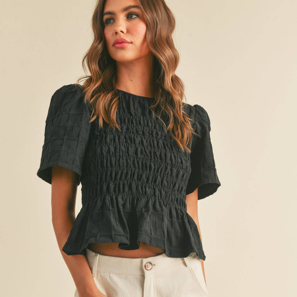 TEXTURED FABRIC WITH SMOCKING BODY TOP