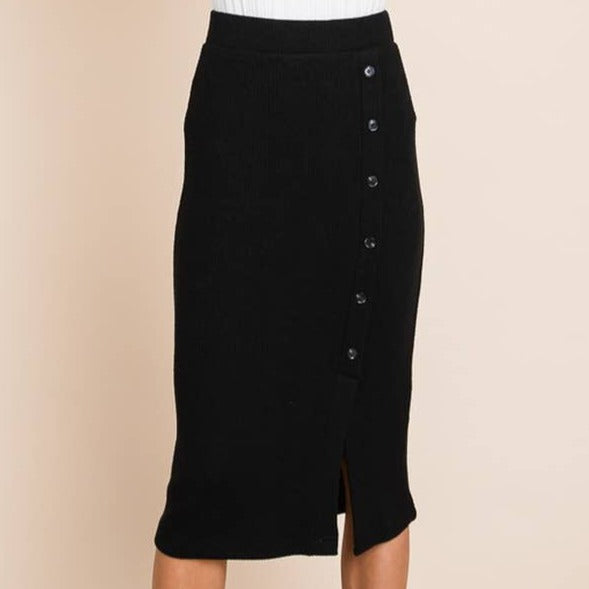 Knit Pencil Midi Skirt w/ Side Buttons